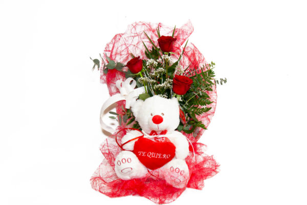 Ramo de 3 rosas rojas con peluche